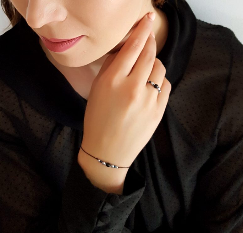 bransoletka sznureczek czarny onysk zestaw regulowana